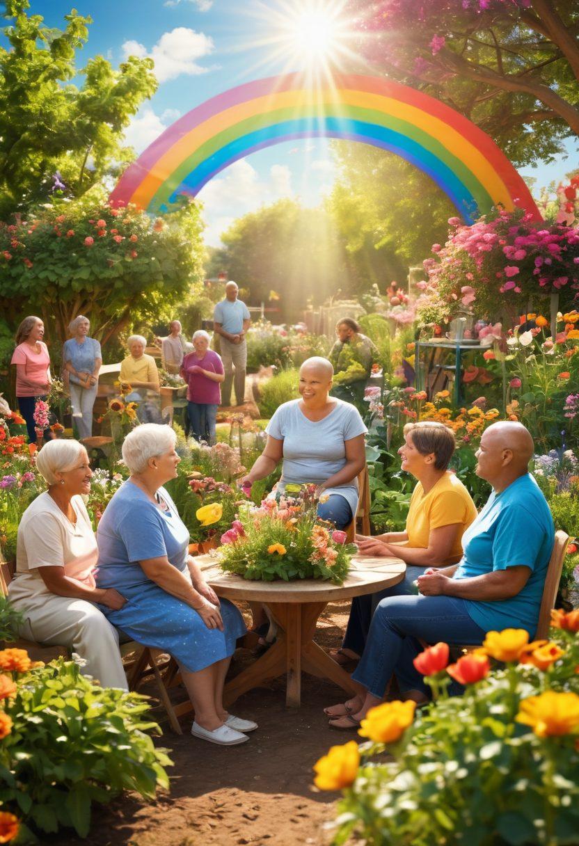 An uplifting scene depicting a diverse group of cancer survivors sharing stories and support in a vibrant community garden, surrounded by blooming flowers and bright sunlight. Include elements of hope like butterflies and a rainbow in the sky. Emphasize warmth, connection, and empowerment among individuals of various ages and backgrounds. super-realistic. vibrant colors. soft focus.