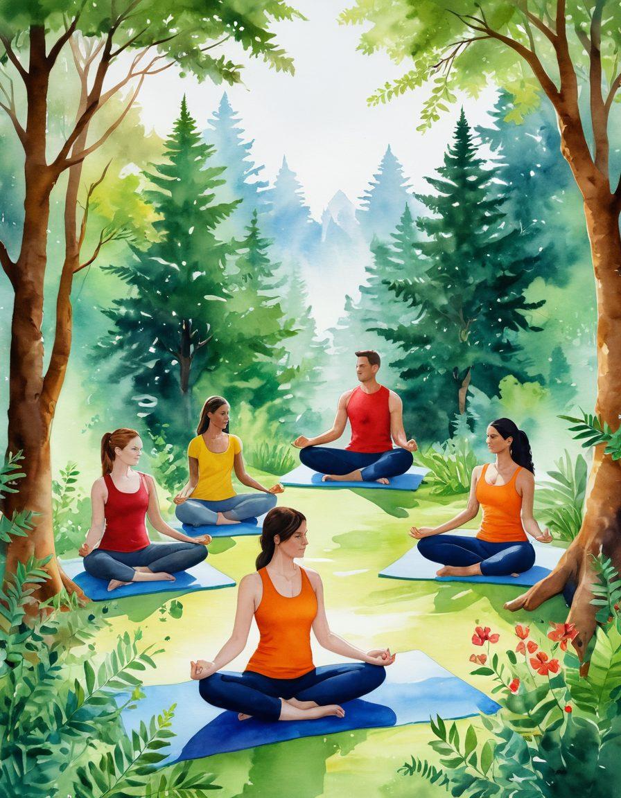 A serene landscape depicting a diverse group of individuals engaged in various holistic health practices, such as yoga, meditation, and healthy cooking, surrounded by nature. Emphasize vibrant greenery, nourishing food, and joyful expressions of empowerment and resilience. Include symbols of early detection, like magnifying glasses and hearts to signify care and wellness. The scene should feel uplifting and harmonious, conveying hope and transformation. watercolor illustration. vibrant colors. natural light.